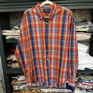 Ralph Lauren Pony Custom Fit Men's Dress Shirt Large Plaid Blue Orange Green